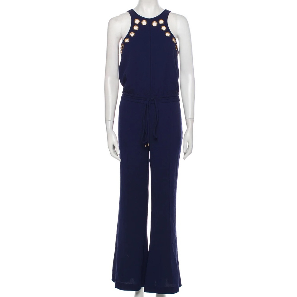Derek Lam 10 Crosby Navy Blue Jumpsuit with Gold Grommets Sleeveless Crepe